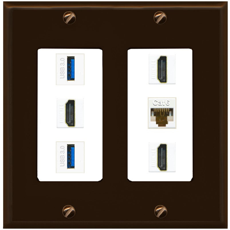 RiteAV 3 Port HDMI 2 Port USB 3.0 1 CAT6-RJ45 Wall Plate - 2 Gang [Brown/White]