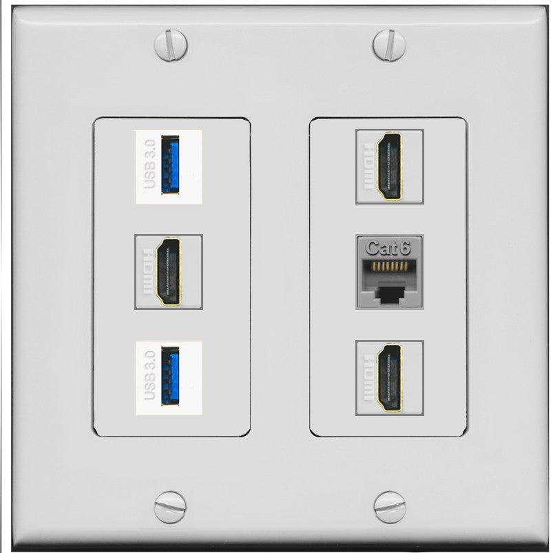 RiteAV 3 Port HDMI 2 Port USB 3.0 1 CAT6-RJ45 Wall Plate - 2 Gang [Gray/Gray]