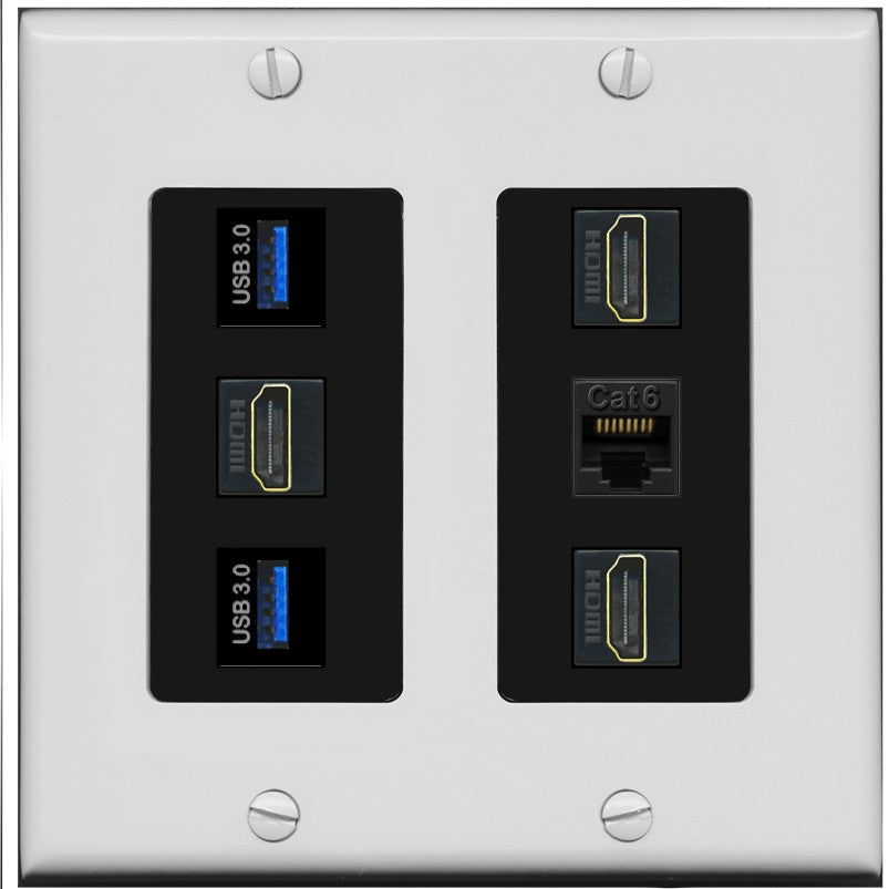 RiteAV 3 Port HDMI 2 Port USB 3.0 1 CAT6-RJ45 Wall Plate - 2 Gang [Gray/Black]
