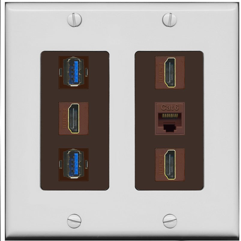 RiteAV 3 Port HDMI 2 Port USB 3.0 1 CAT6-RJ45 Wall Plate - 2 Gang [Gray/Brown]