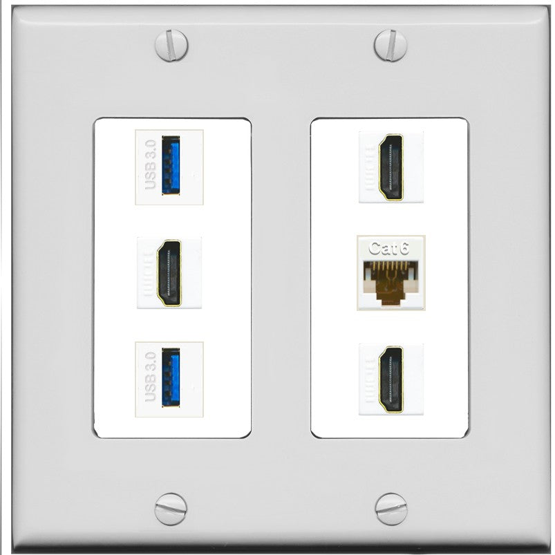 RiteAV 3 Port HDMI 2 Port USB 3.0 1 CAT6-RJ45 Wall Plate - 2 Gang [Gray/White]