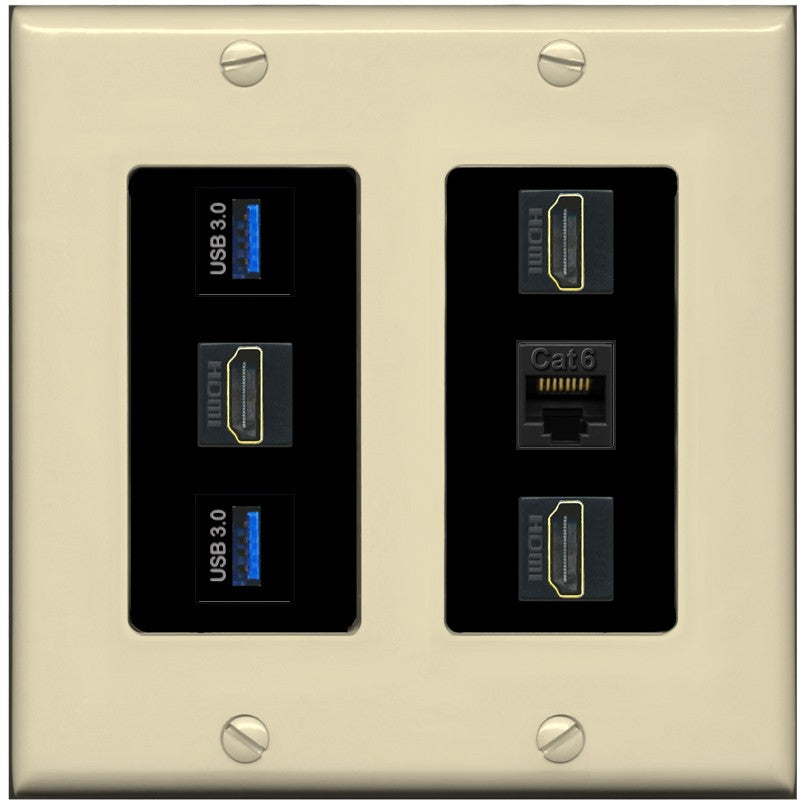 RiteAV 3 Port HDMI 2 Port USB 3.0 1 CAT6-RJ45 Wall Plate - 2 Gang [Ivory/Black]