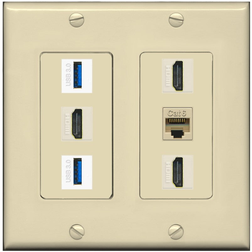 RiteAV 3 Port HDMI 2 Port USB 3.0 1 CAT6-RJ45 Wall Plate - 2 Gang [Ivory/Ivory]