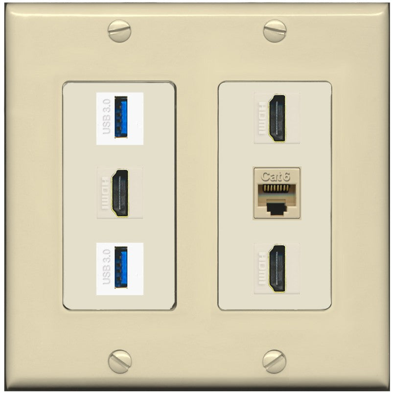 RiteAV 3 Port HDMI 2 Port USB 3.0 1 CAT6-RJ45 Wall Plate - 2 Gang [Ivory/Light-Almond]