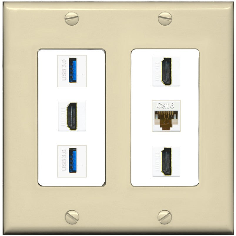 RiteAV 3 Port HDMI 2 Port USB 3.0 1 CAT6-RJ45 Wall Plate - 2 Gang [Ivory/White]