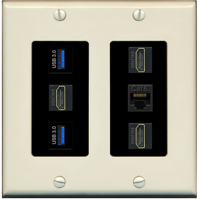 RiteAV 3 Port HDMI 2 Port USB 3.0 1 CAT6-RJ45 Wall Plate - 2 Gang [Light-Almond/Black]