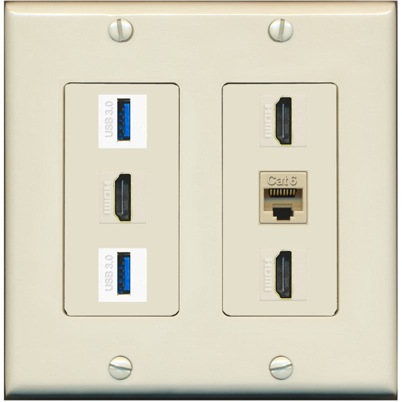 RiteAV 3 Port HDMI 2 Port USB 3.0 1 CAT6-RJ45 Wall Plate - 2 Gang [Light-Almond]