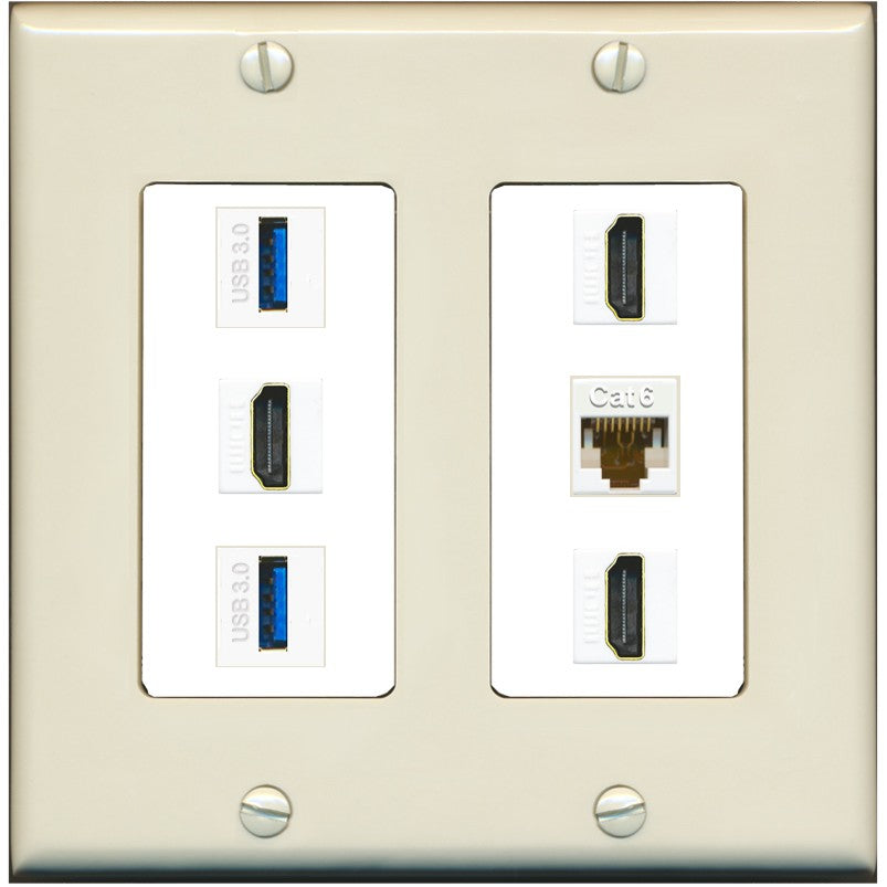 RiteAV 3 Port HDMI 2 Port USB 3.0 1 CAT6-RJ45 Wall Plate - 2 Gang [Light-Almond/White]