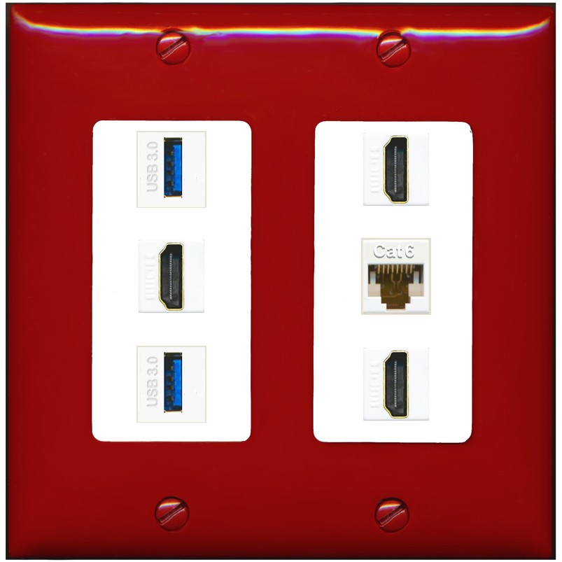 RiteAV 3 Port HDMI 2 Port USB 3.0 1 CAT6-RJ45 Wall Plate - 2 Gang [Red/White]