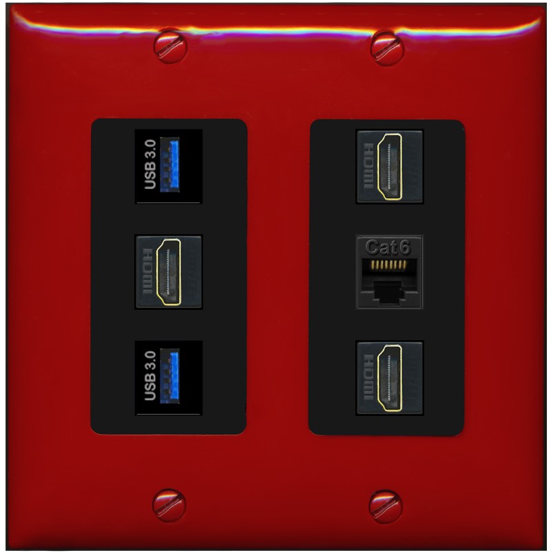 RiteAV 3 Port HDMI 2 Port USB 3.0 1 CAT6-RJ45 Wall Plate - 2 Gang [Red/Black]