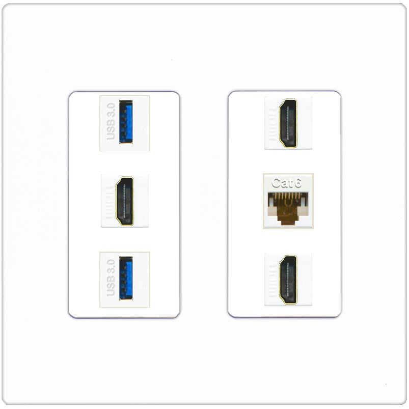 RiteAV 3 Port HDMI 2 Port USB 3.0 1 CAT6-RJ45 Wall Plate - 2 Gang [Screwless White]