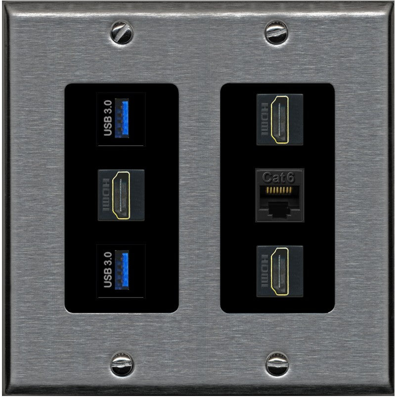 RiteAV 3 Port HDMI 2 Port USB 3.0 1 CAT6-RJ45 Wall Plate - 2 Gang [Stainless/Black]
