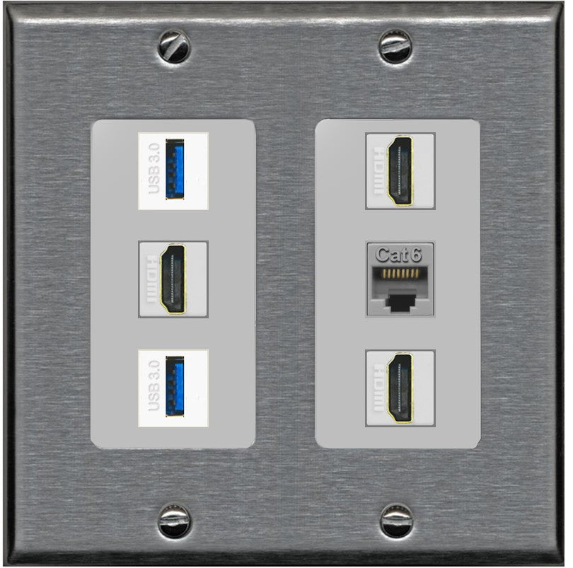RiteAV 3 Port HDMI 2 Port USB 3.0 1 CAT6-RJ45 Wall Plate - 2 Gang [Stainless/Gray]