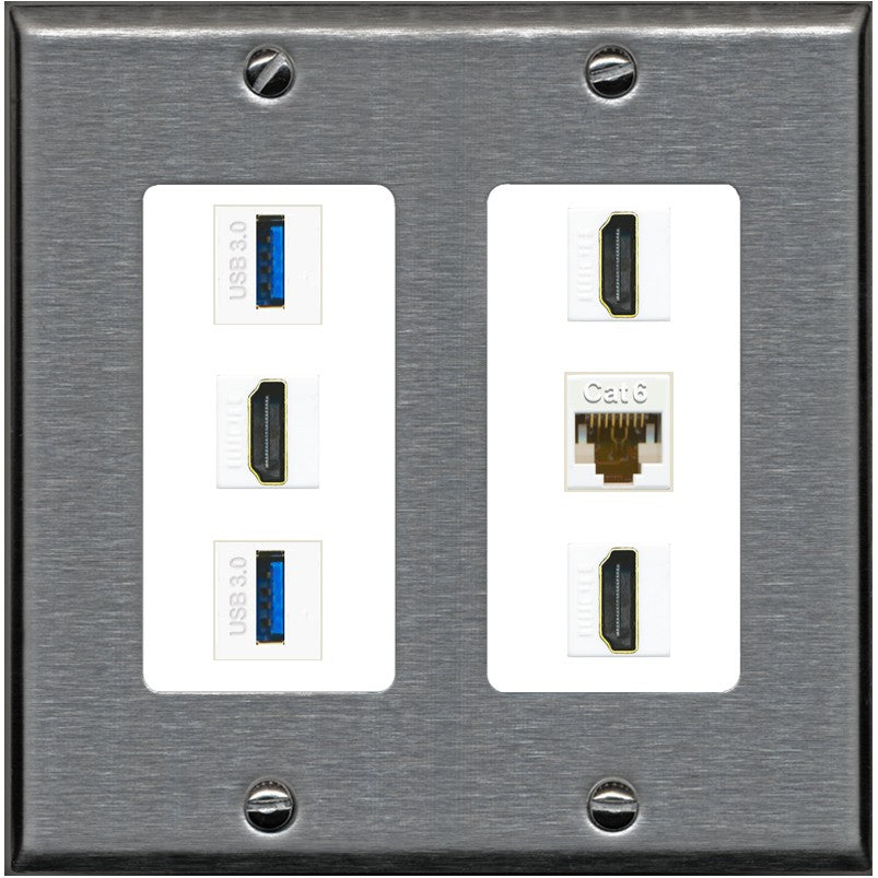 RiteAV 3 Port HDMI 2 Port USB 3.0 1 CAT6-RJ45 Wall Plate - 2 Gang [Stainless/White]