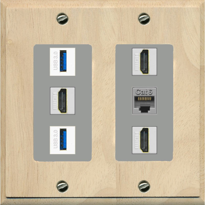 RiteAV 3 Port HDMI 2 Port USB 3.0 1 CAT6-RJ45 Wall Plate - 2 Gang [Wood/Gray]