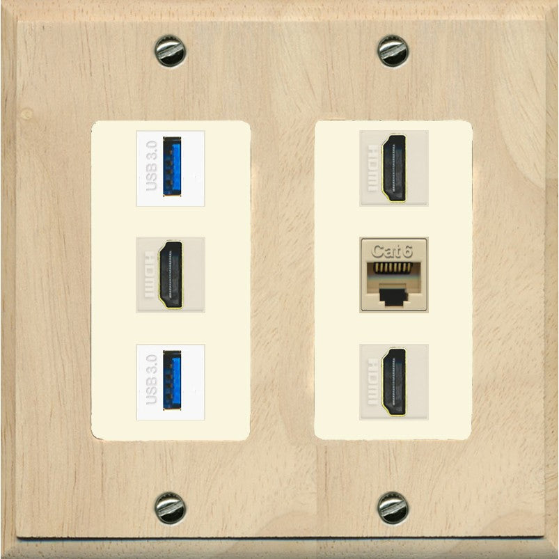 RiteAV 3 Port HDMI 2 Port USB 3.0 1 CAT6-RJ45 Wall Plate - 2 Gang [Wood/Light-Almond]