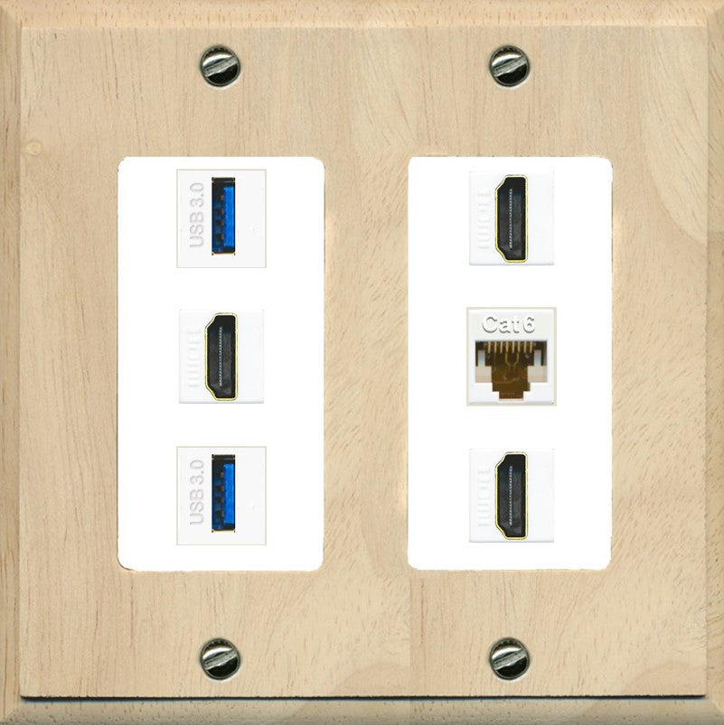 RiteAV 3 Port HDMI 2 Port USB 3.0 1 CAT6-RJ45 Wall Plate - 2 Gang [Wood/White]