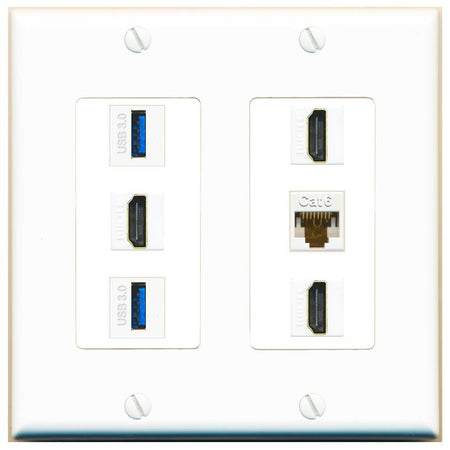 RiteAV 3 Port HDMI 2 Port USB 3.0 1 CAT6-RJ45 Wall Plate - 2 Gang [White]