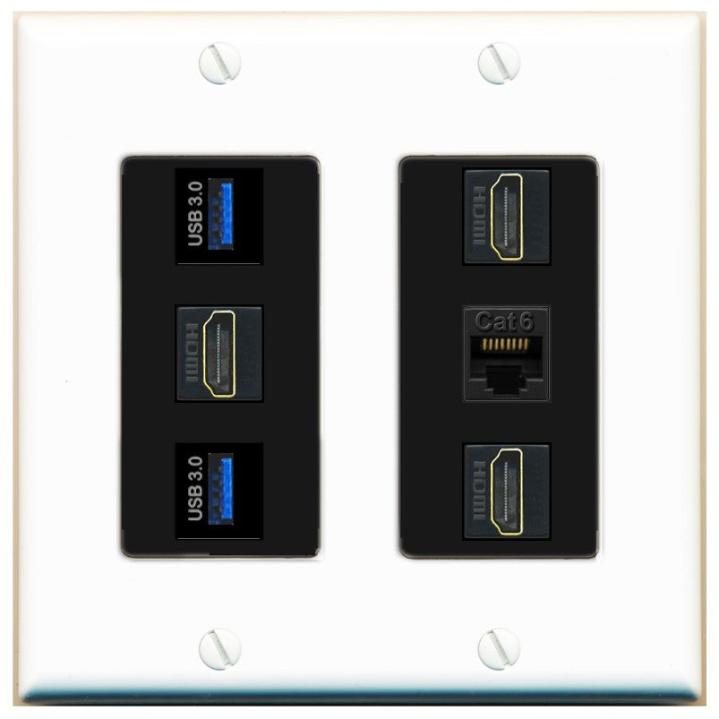 RiteAV 3 Port HDMI 2 Port USB 3.0 1 CAT6-RJ45 Wall Plate - 2 Gang [White/Black]