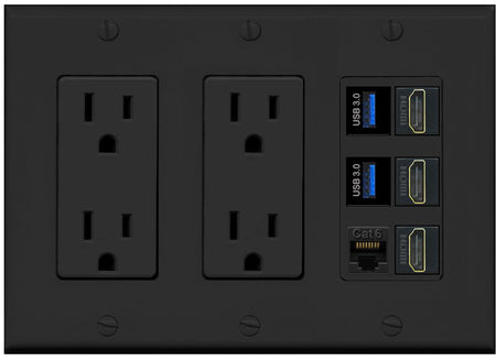 RiteAV 3 Port HDMI 2 Port USB 3.0 1 CAT6-RJ45 Wall Plate - 2 Outlet [Black/Black]