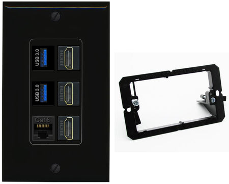 RiteAV 3 Port HDMI 2 Port USB 3.0 1 CAT6-RJ45 Wall Plate - Bracket [Black/Black]
