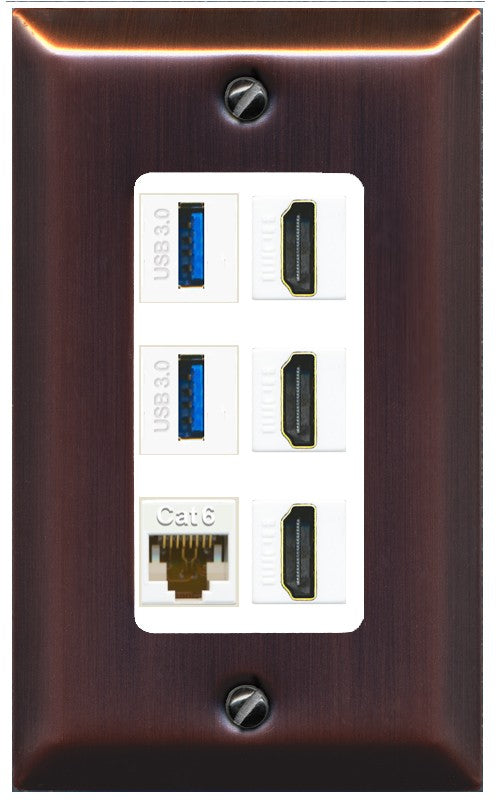 RiteAV 3 Port HDMI 2 Port USB 3.0 1 CAT6-RJ45 Wall Plate - 1 Gang Decorative [Brushed-Copper/White]