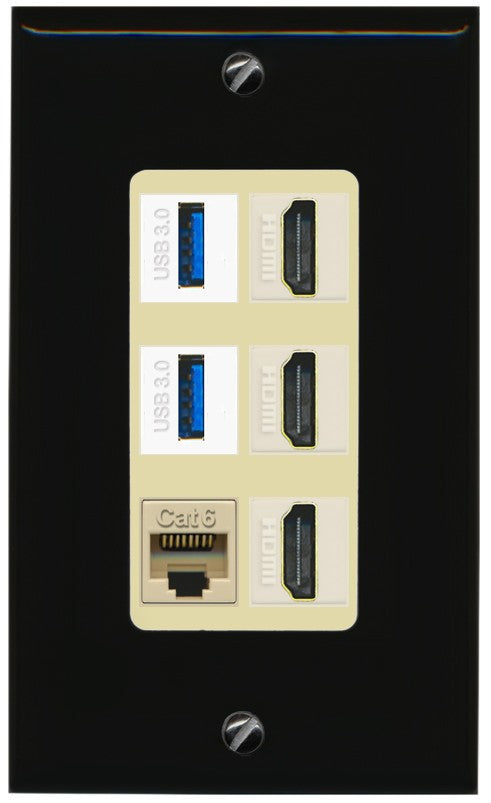 RiteAV 3 Port HDMI 2 Port USB 3.0 1 CAT6-RJ45 Wall Plate - 1 Gang Decorative [Black/Ivory]