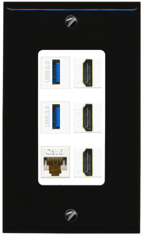 RiteAV 3 Port HDMI 2 Port USB 3.0 1 CAT6-RJ45 Wall Plate - 1 Gang Decorative [Black/White]