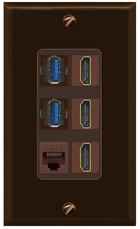 RiteAV 3 Port HDMI 2 Port USB 3.0 1 CAT6-RJ45 Wall Plate - 1 Gang Decorative [Brown/Brown]