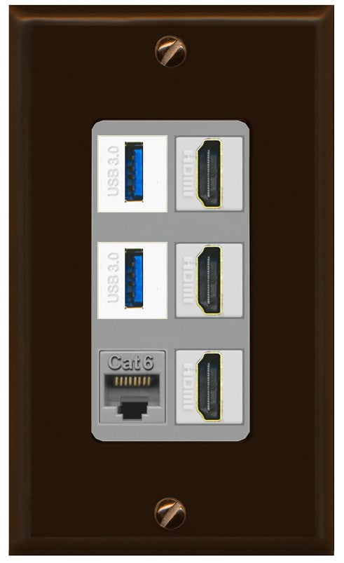 RiteAV 3 Port HDMI 2 Port USB 3.0 1 CAT6-RJ45 Wall Plate - 1 Gang Decorative [Brown/Gray]