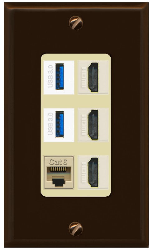 RiteAV 3 Port HDMI 2 Port USB 3.0 1 CAT6-RJ45 Wall Plate - 1 Gang Decorative [Brown/Ivory]
