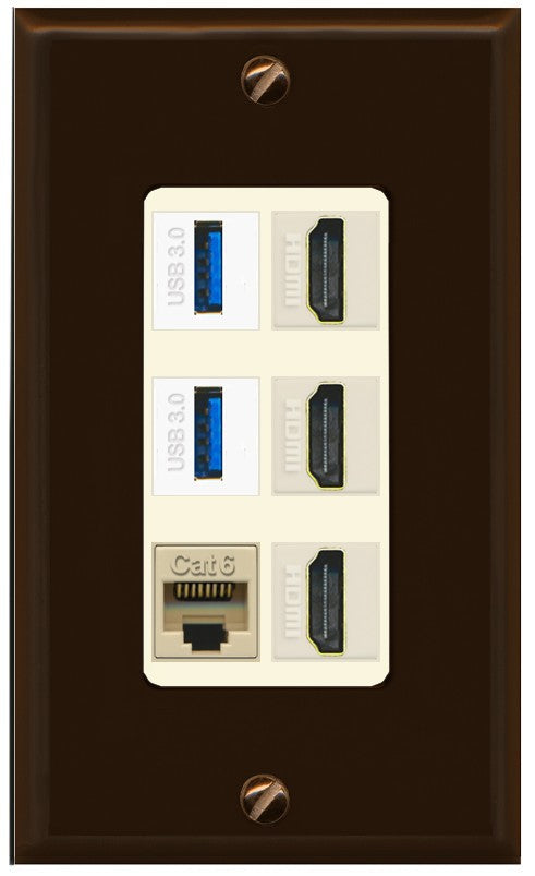 RiteAV 3 Port HDMI 2 Port USB 3.0 1 CAT6-RJ45 Wall Plate - 1 Gang Decorative [Brown/Light-Almond]