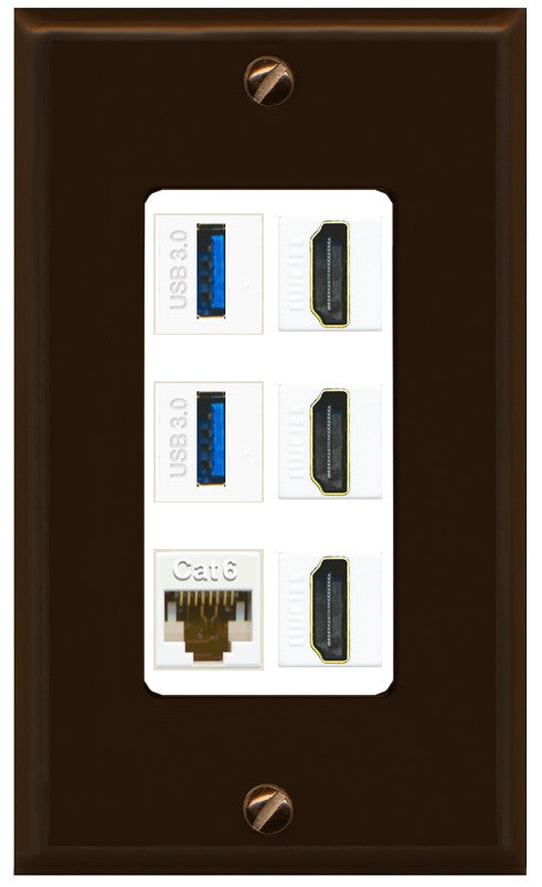 RiteAV 3 Port HDMI 2 Port USB 3.0 1 CAT6-RJ45 Wall Plate - 1 Gang Decorative [Brown/White]