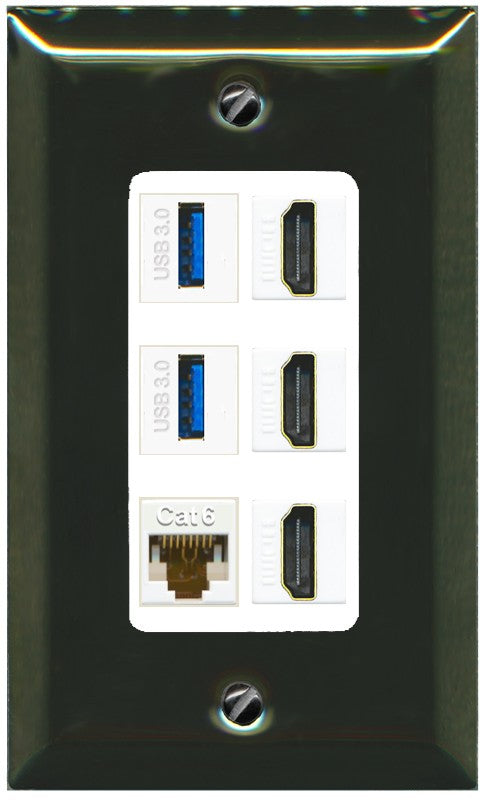 RiteAV 3 Port HDMI 2 Port USB 3.0 1 CAT6-RJ45 Wall Plate - 1 Gang Decorative [Brass/White]