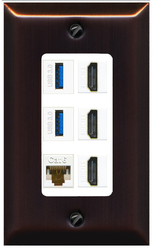 RiteAV 3 Port HDMI 2 Port USB 3.0 1 CAT6-RJ45 Wall Plate - 1 Gang Decorative [Bronze/White]