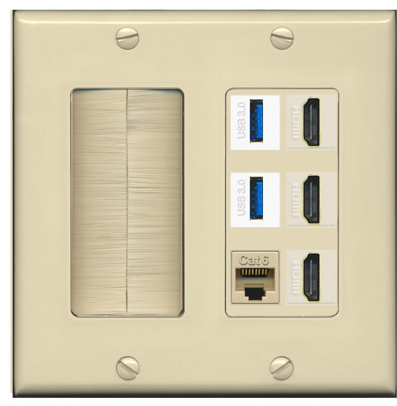 RiteAV 3 Port HDMI 2 Port USB 3.0 1 CAT6-RJ45 Wall Plate - Brush [Ivory/Ivory]