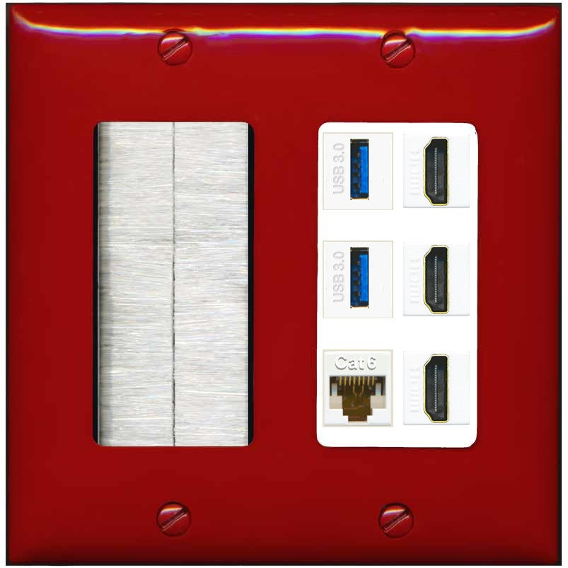 RiteAV 3 Port HDMI 2 Port USB 3.0 1 CAT6-RJ45 Wall Plate - Brush [Red/White]