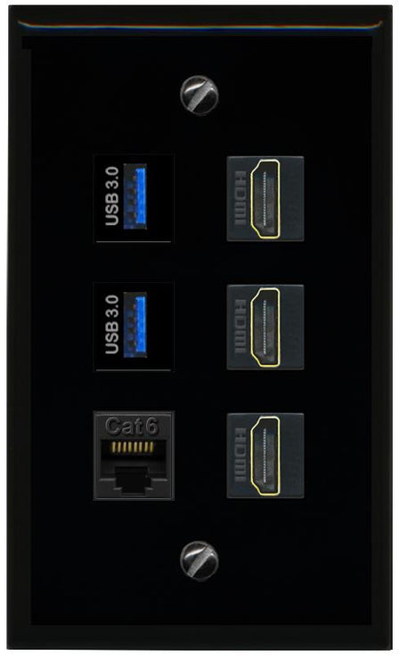 RiteAV 3 Port HDMI 2 Port USB 3.0 1 CAT6-RJ45 Wall Plate - Flat [Black/Black]