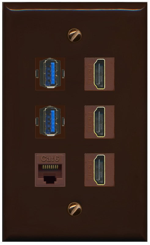 RiteAV 3 Port HDMI 2 Port USB 3.0 1 CAT6-RJ45 Wall Plate - Flat Style [Brown/Brown]