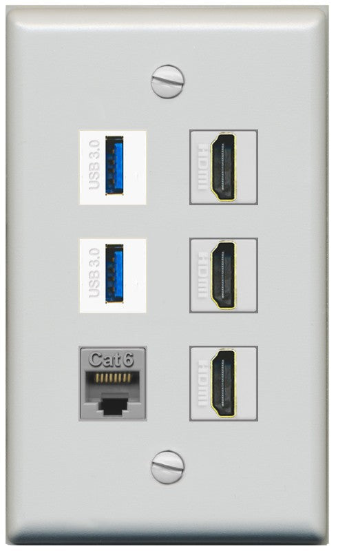 RiteAV 3 Port HDMI 2 Port USB 3.0 1 CAT6-RJ45 Wall Plate - Flat Style [Gray/Gray]