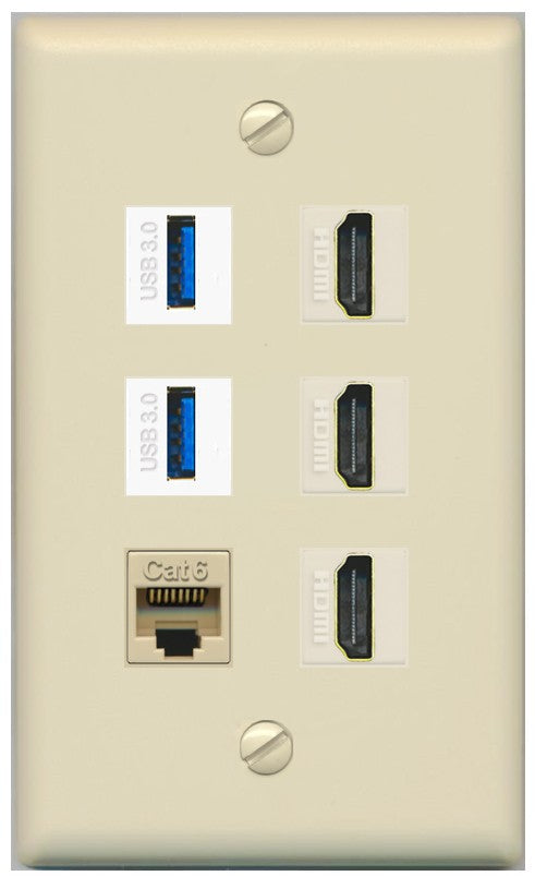 RiteAV 3 Port HDMI 2 Port USB 3.0 1 CAT6-RJ45 Wall Plate - Flat Style [Ivory/Ivory]