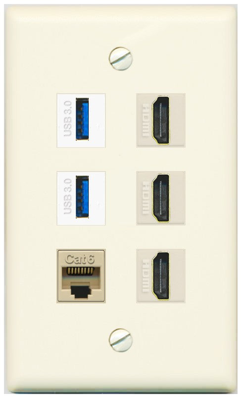 RiteAV 3 Port HDMI 2 Port USB 3.0 1 CAT6-RJ45 Wall Plate - Flat Style [Light-Almond]