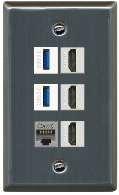 RiteAV 3 Port HDMI 2 Port USB 3.0 1 CAT6-RJ45 Wall Plate - Flat Style [Stainless Steel]