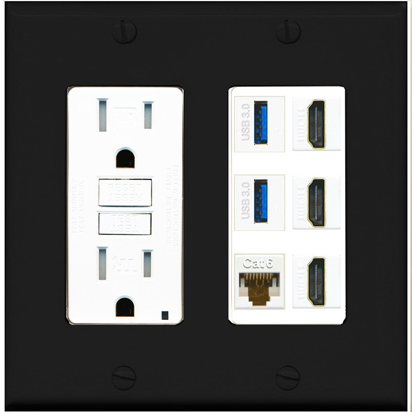 RiteAV 3 Port HDMI 2 Port USB 3.0 1 CAT6-RJ45 Wall Plate - GFCI Outlet [Black/White]