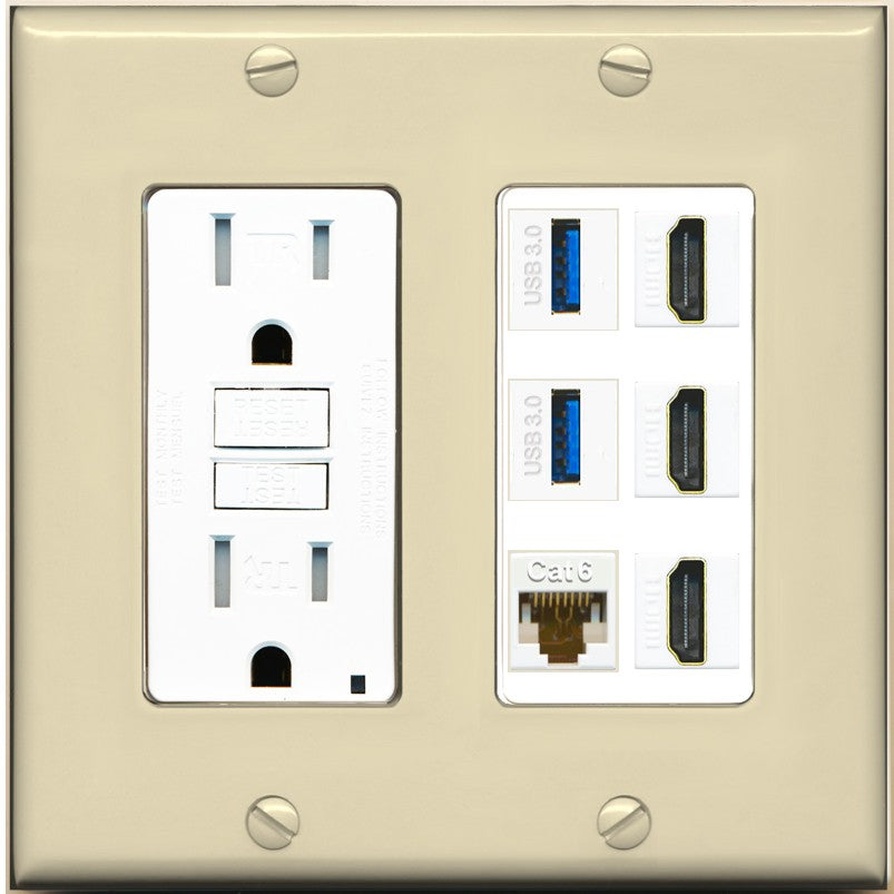 RiteAV 3 Port HDMI 2 Port USB 3.0 1 CAT6-RJ45 Wall Plate - GFCI Outlet [Ivory/White]