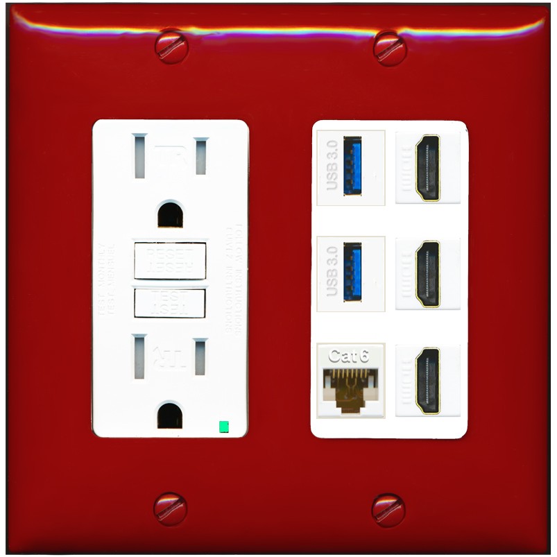 RiteAV 3 Port HDMI 2 Port USB 3.0 1 CAT6-RJ45 Wall Plate - GFCI Outlet [Red/White]