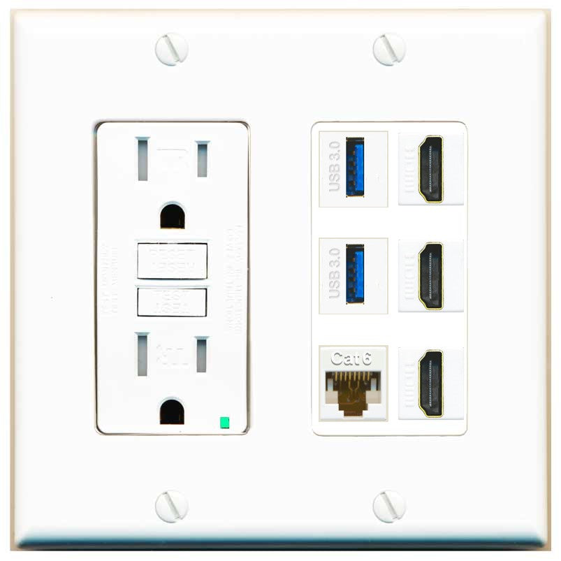 RiteAV 3 Port HDMI 2 Port USB 3.0 1 CAT6-RJ45 Wall Plate - GFCI Outlet [White]