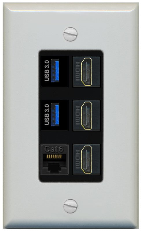 RiteAV 3 Port HDMI 2 Port USB 3.0 1 CAT6-RJ45 Wall Plate - 1 Gang Decorative [Gray/Black]
