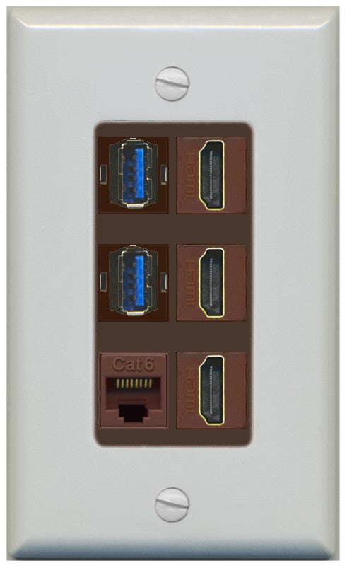 RiteAV 3 Port HDMI 2 Port USB 3.0 1 CAT6-RJ45 Wall Plate - 1 Gang Decorative [Gray/Brown]