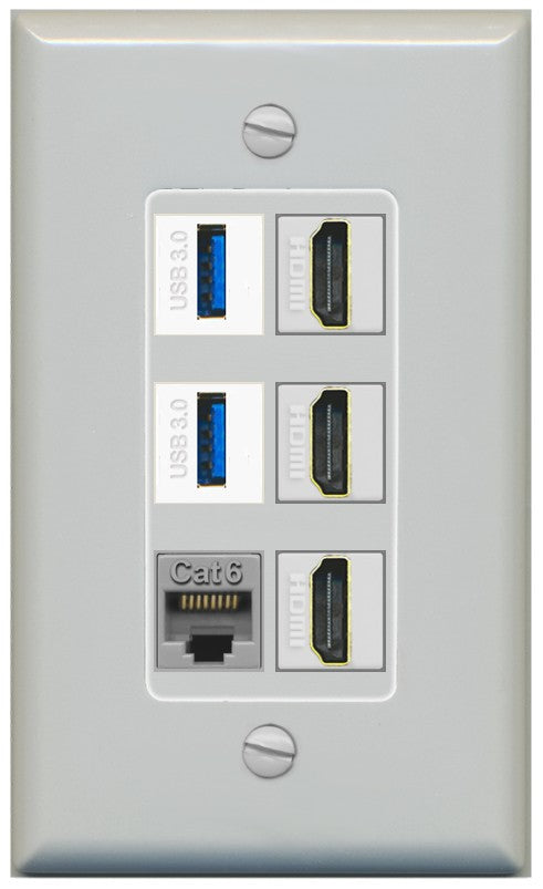 RiteAV 3 Port HDMI 2 Port USB 3.0 1 CAT6-RJ45 Wall Plate - 1 Gang Decorative [Gray/Gray]